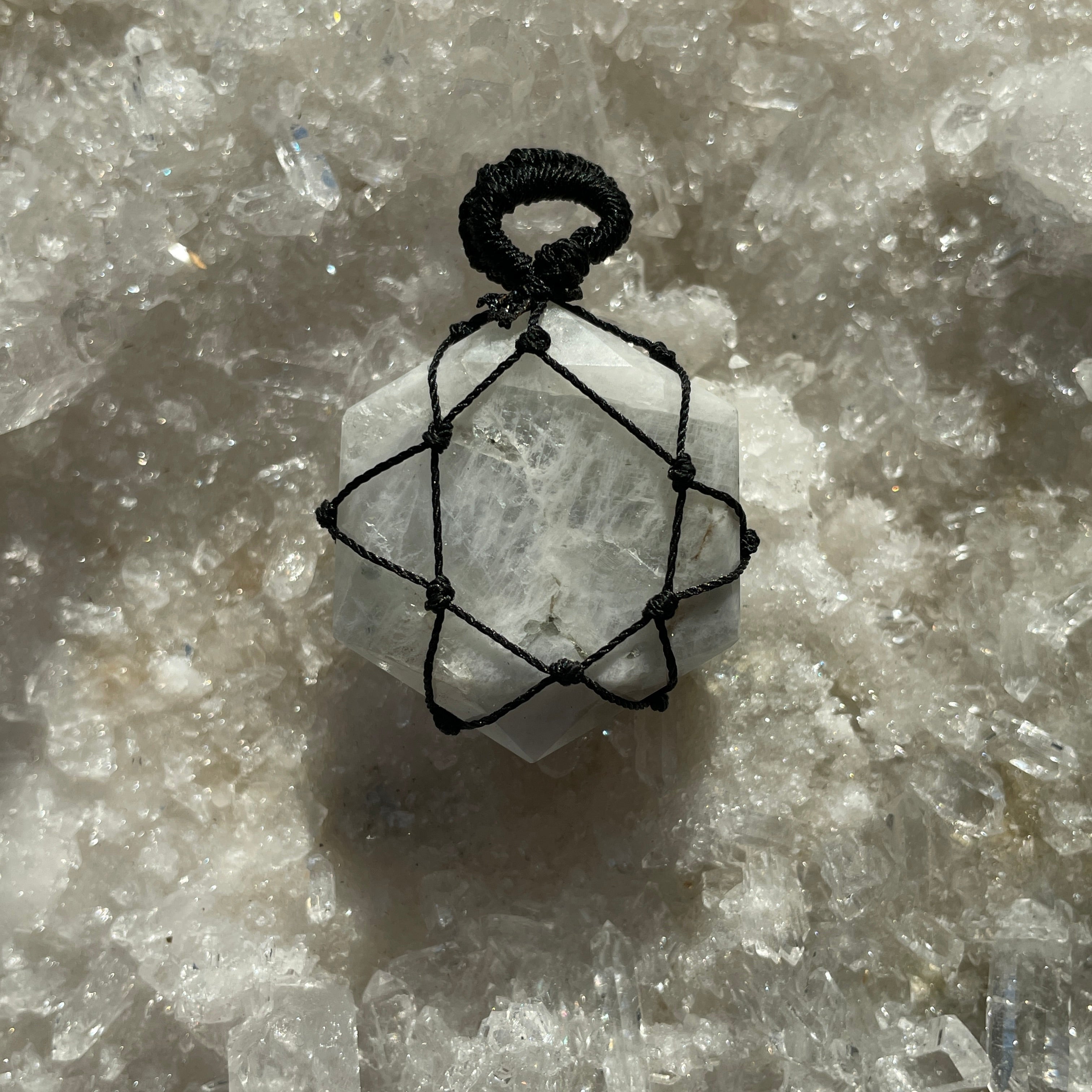 Rainbow Moonstone - Macrame Wrapped Hexagonal Pendant