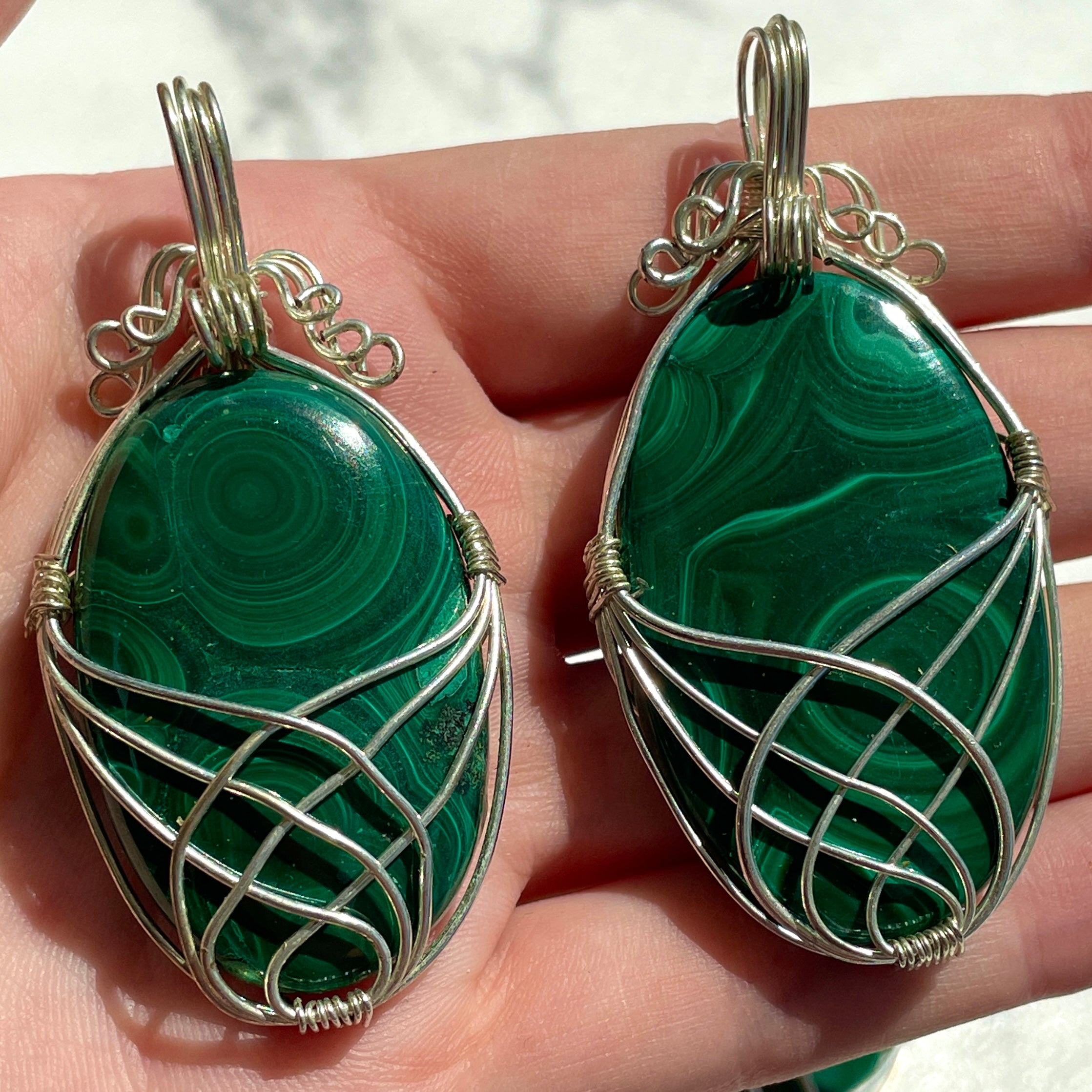 Malachite Wire Wrapped Cabochon Pendant Oval