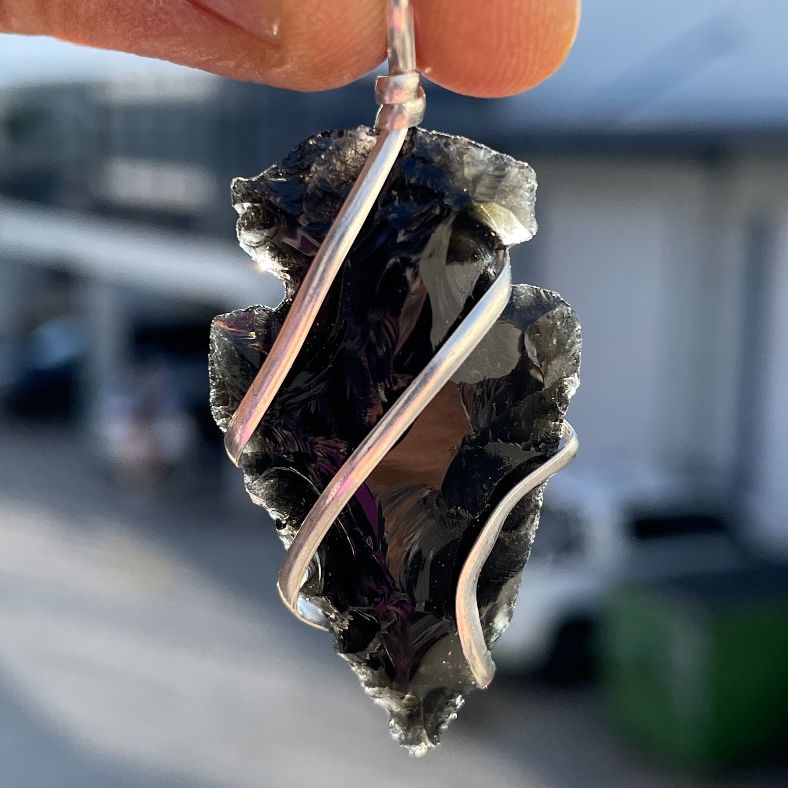 Black Obsidian - Wire Wrapped Arrowhead Pendant