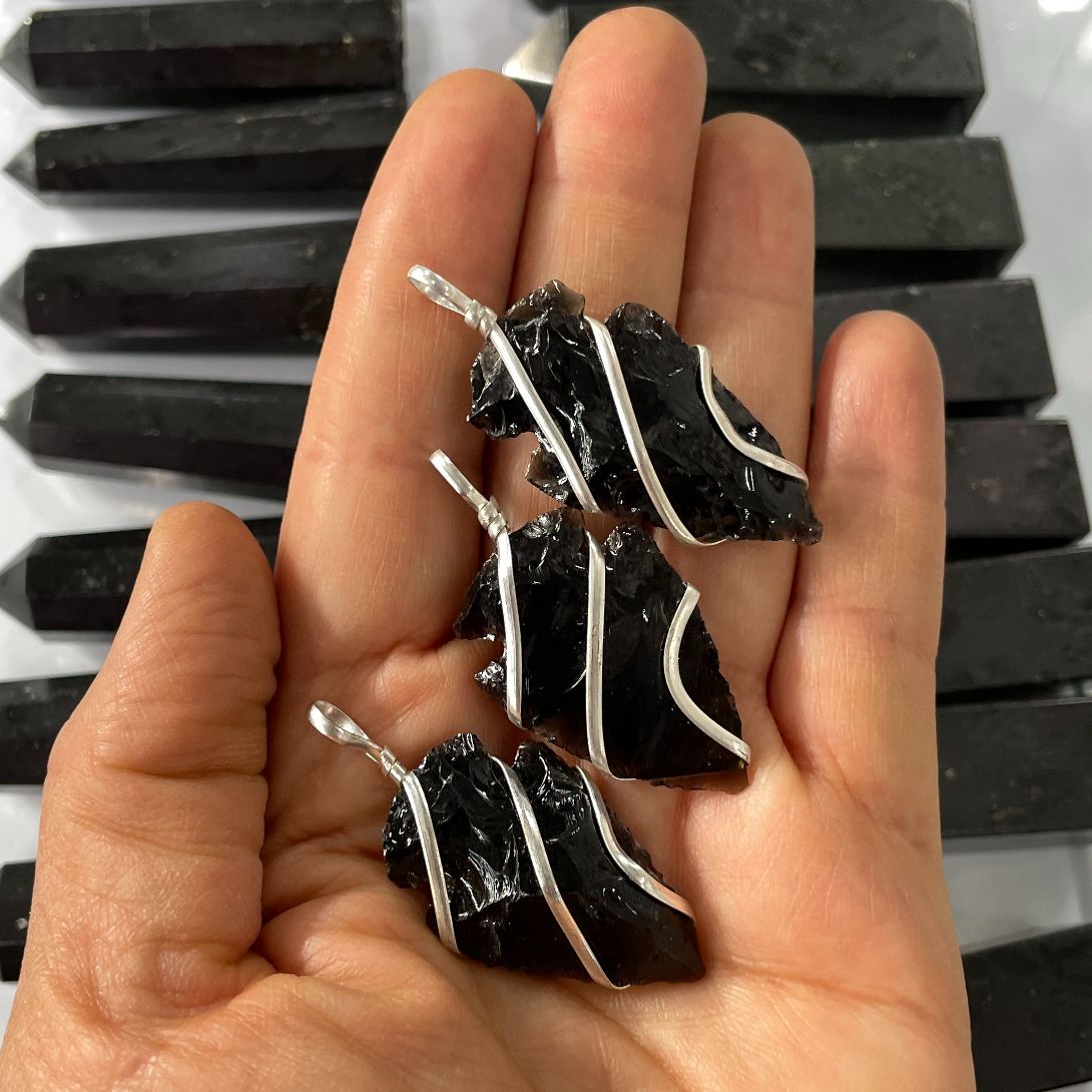 Black Obsidian - Wire Wrapped Arrowhead Pendant