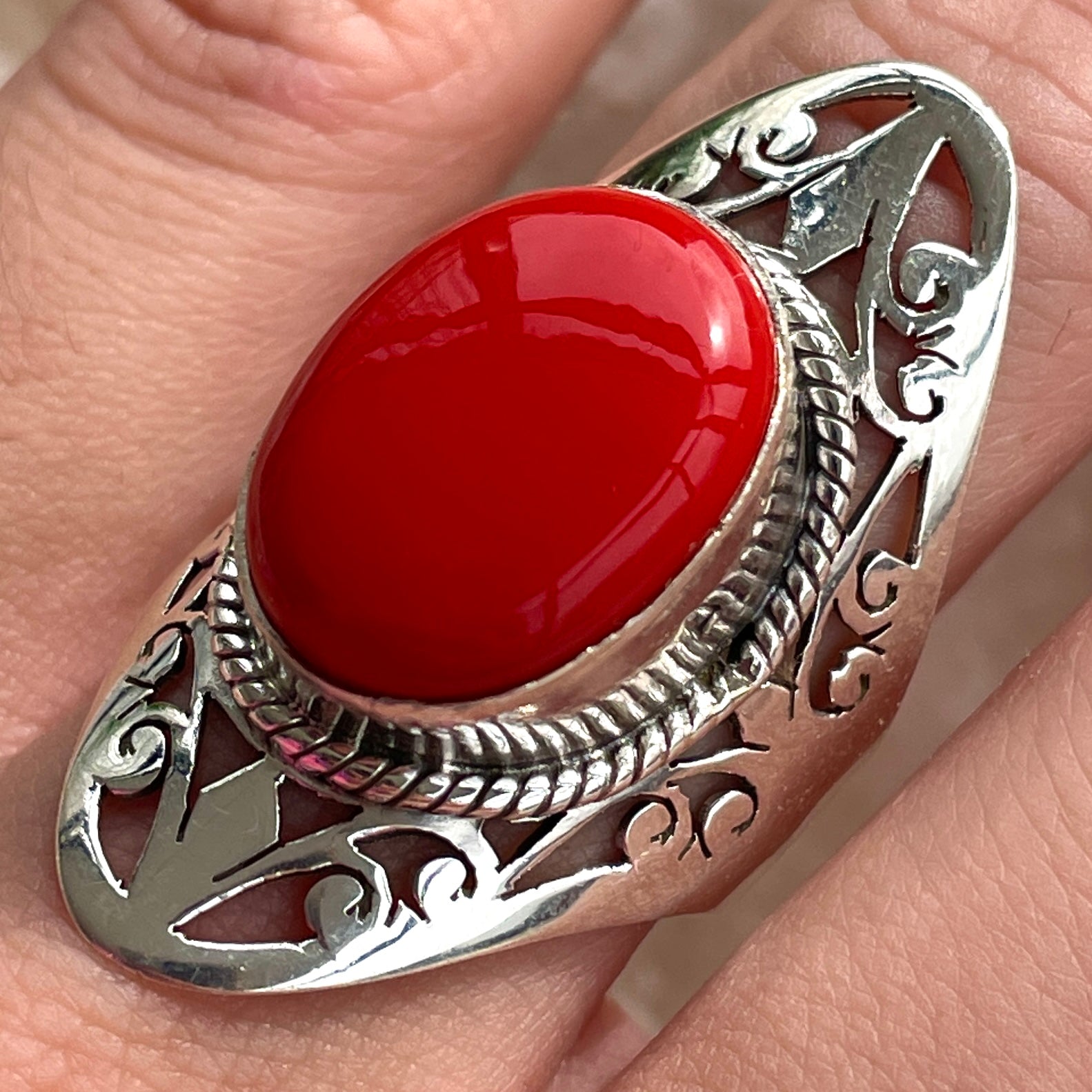 Red Coral Sterling Silver Ring - Sz9 RC3