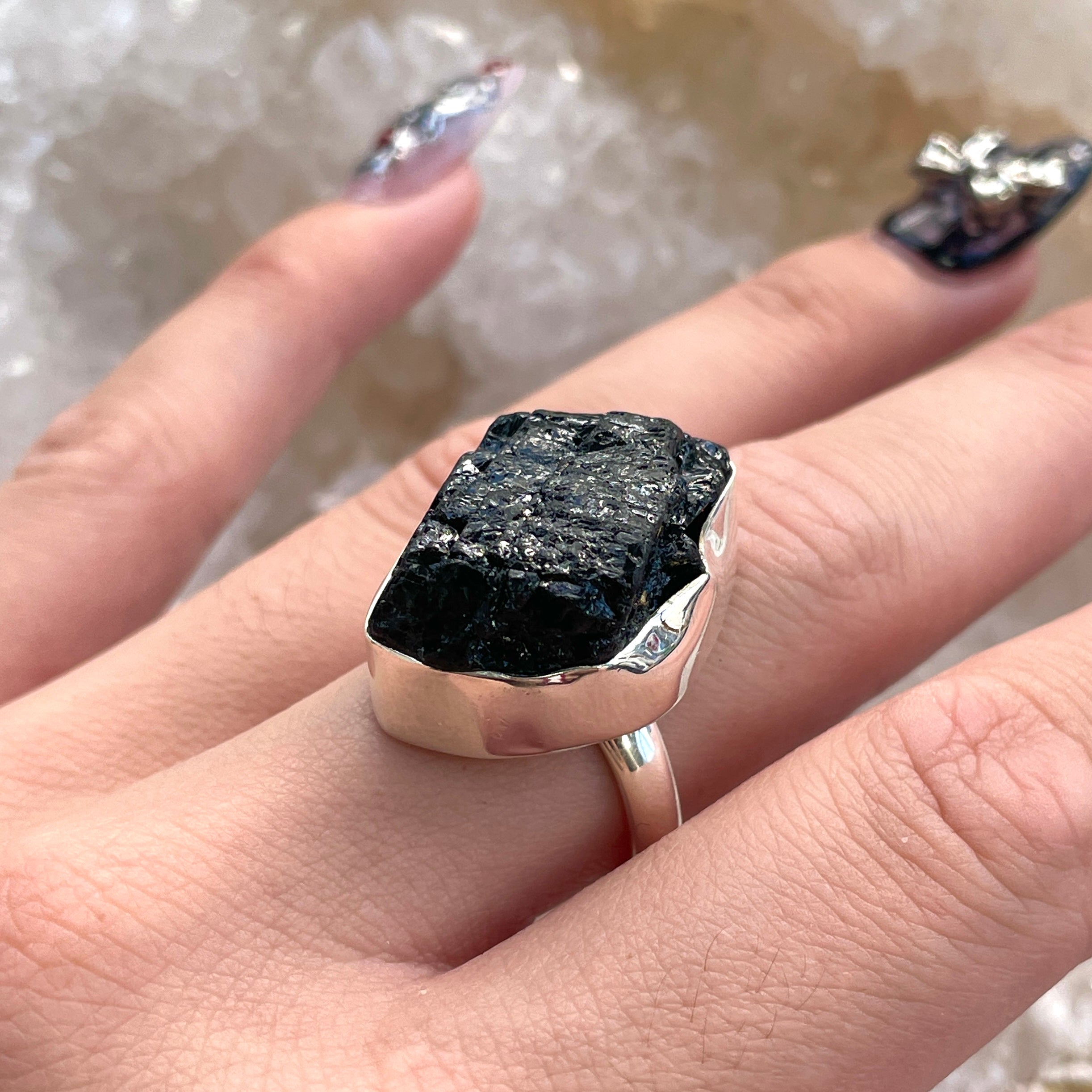 Black Tourmaline Sterling Silver Ring - Sz8 BT2