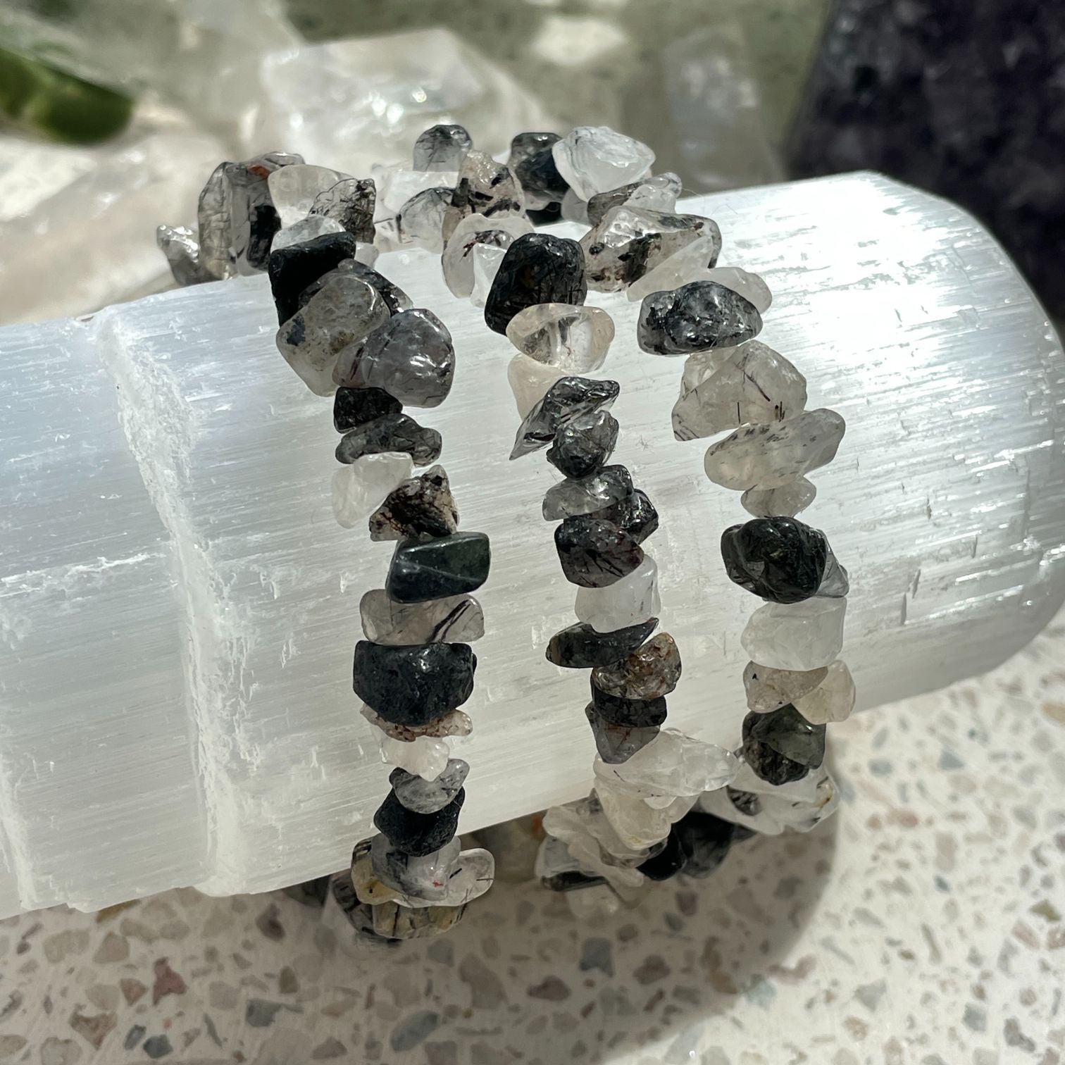 Tourmalinated Quartz Chip Bracelet - Dark