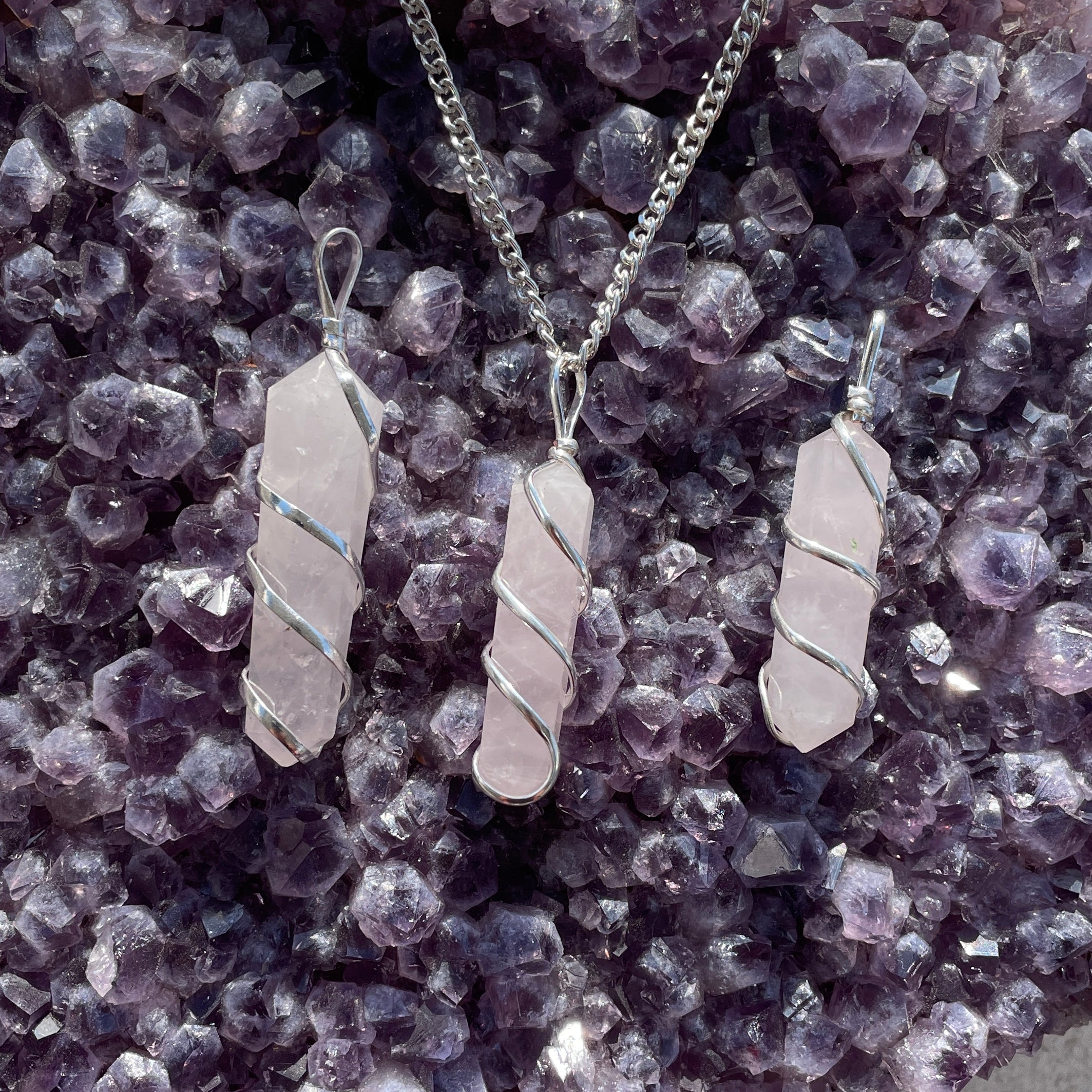 Rose Qtz - Wire Wrapped DT Point Pendant