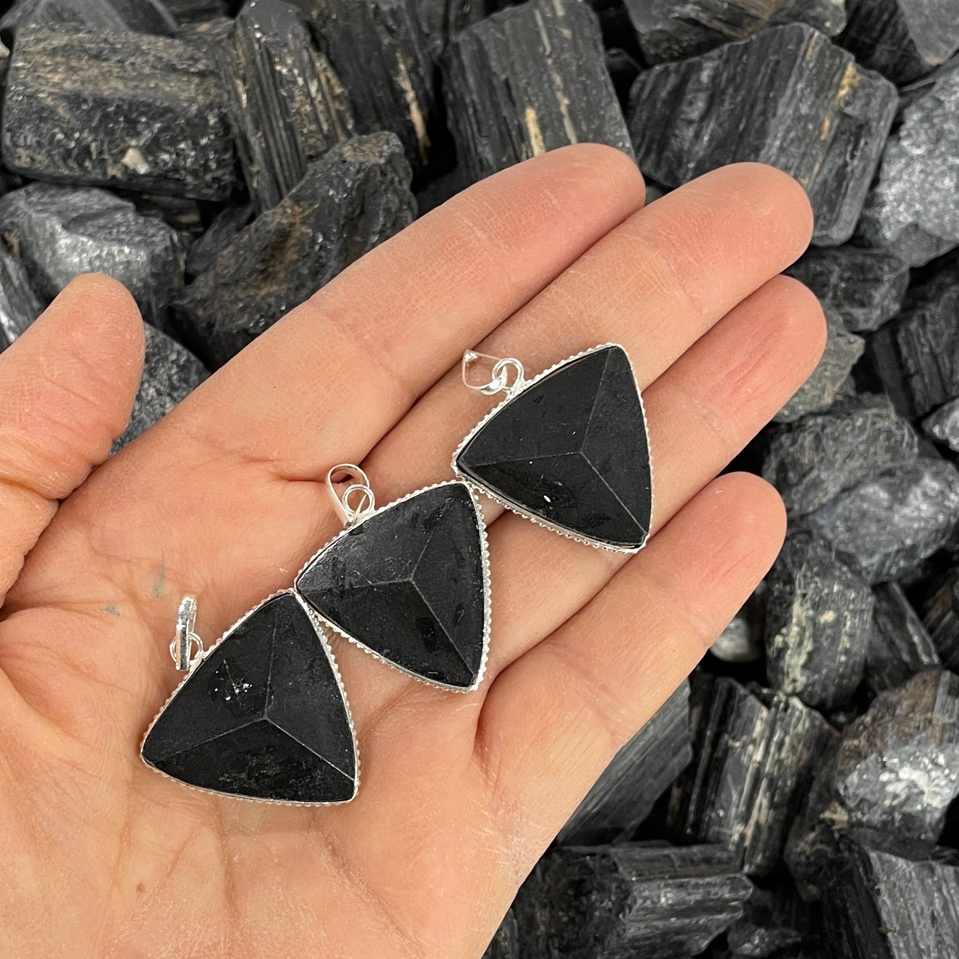 Bl.Tourmaline Triangular Pendant - Silver Lined
