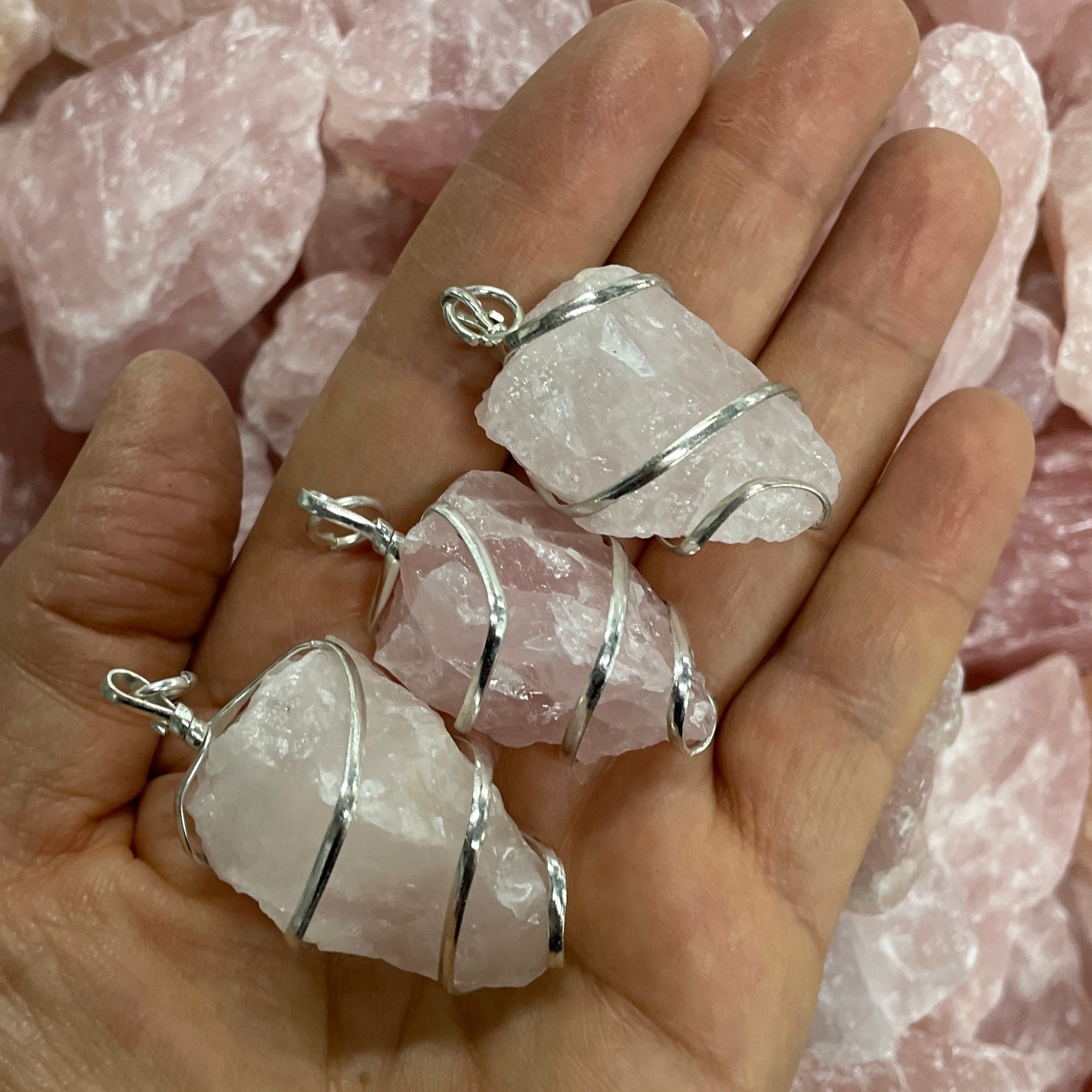 Wire Wrapped Rough Pendant - Rose Qtz