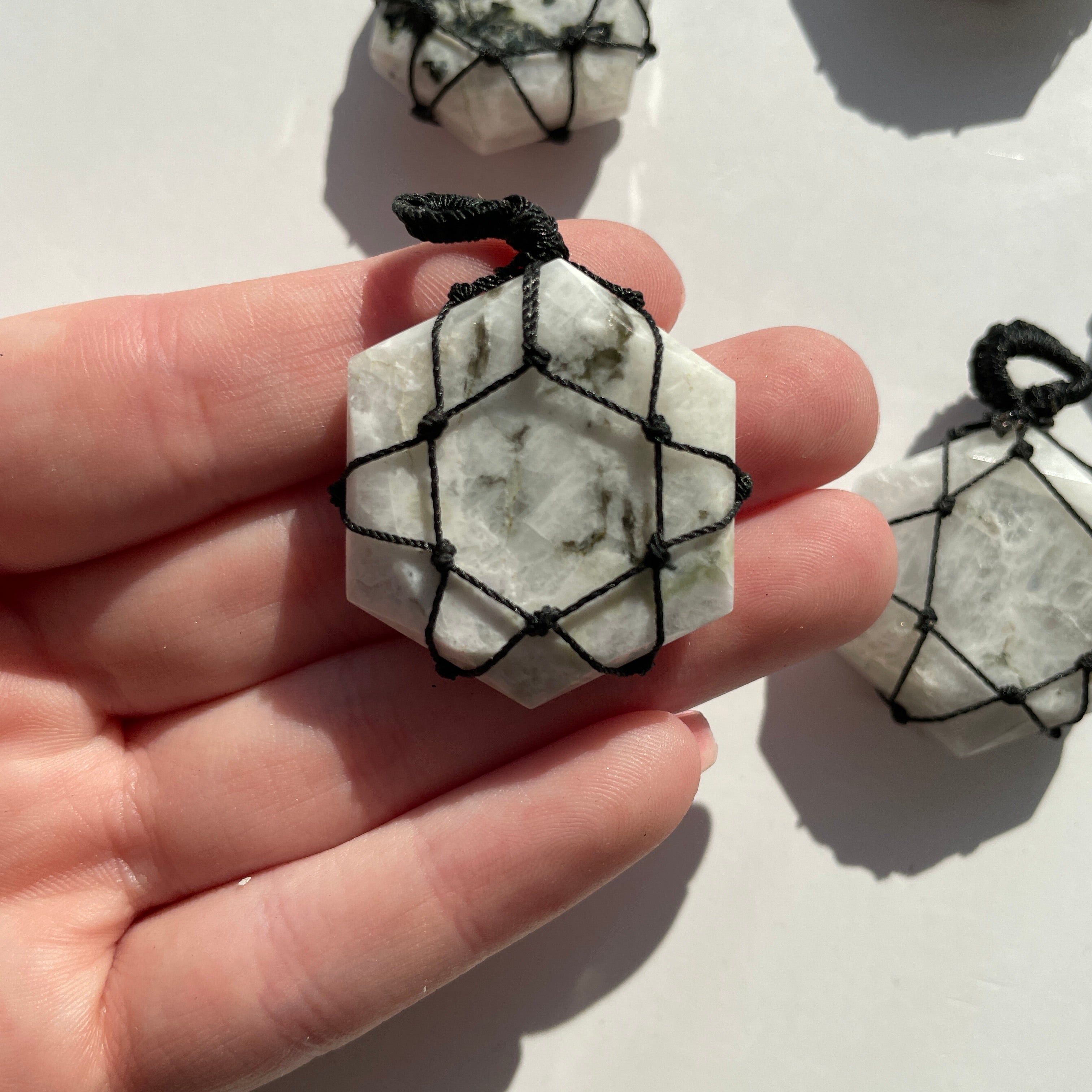 Rainbow Moonstone - Macrame Wrapped Hexagonal Pendant