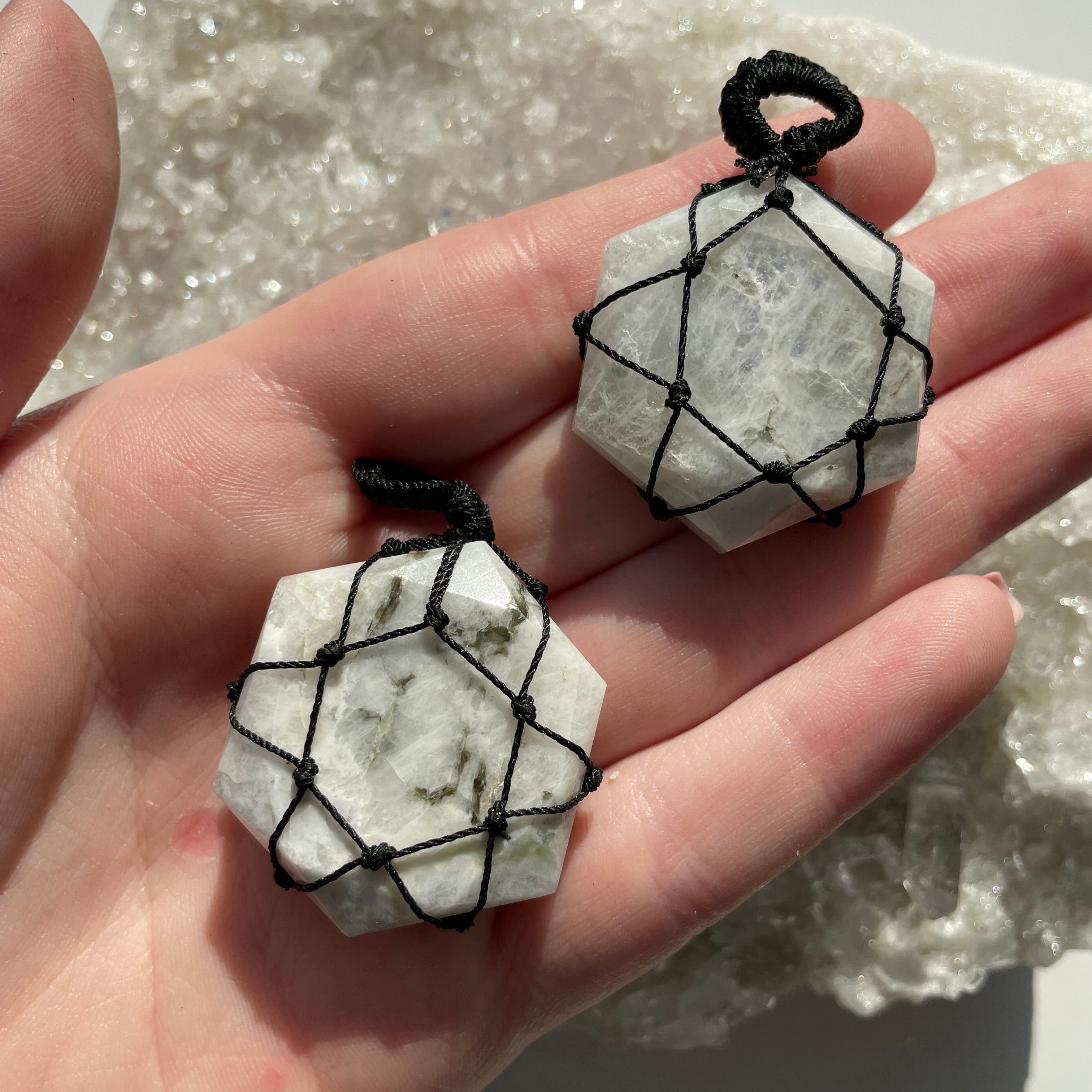 Rainbow Moonstone - Macrame Wrapped Hexagonal Pendant