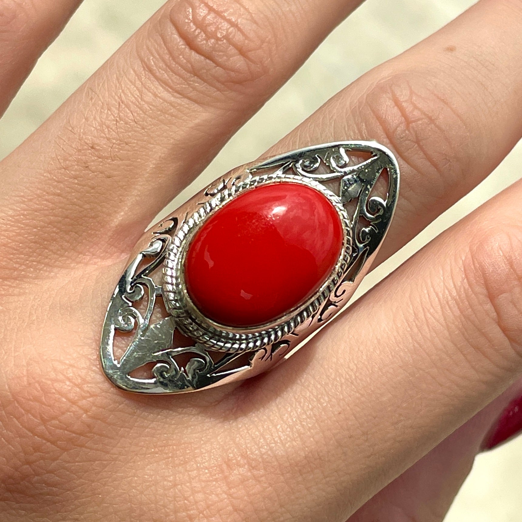 Red Coral Sterling Silver Ring - Sz8 RC3