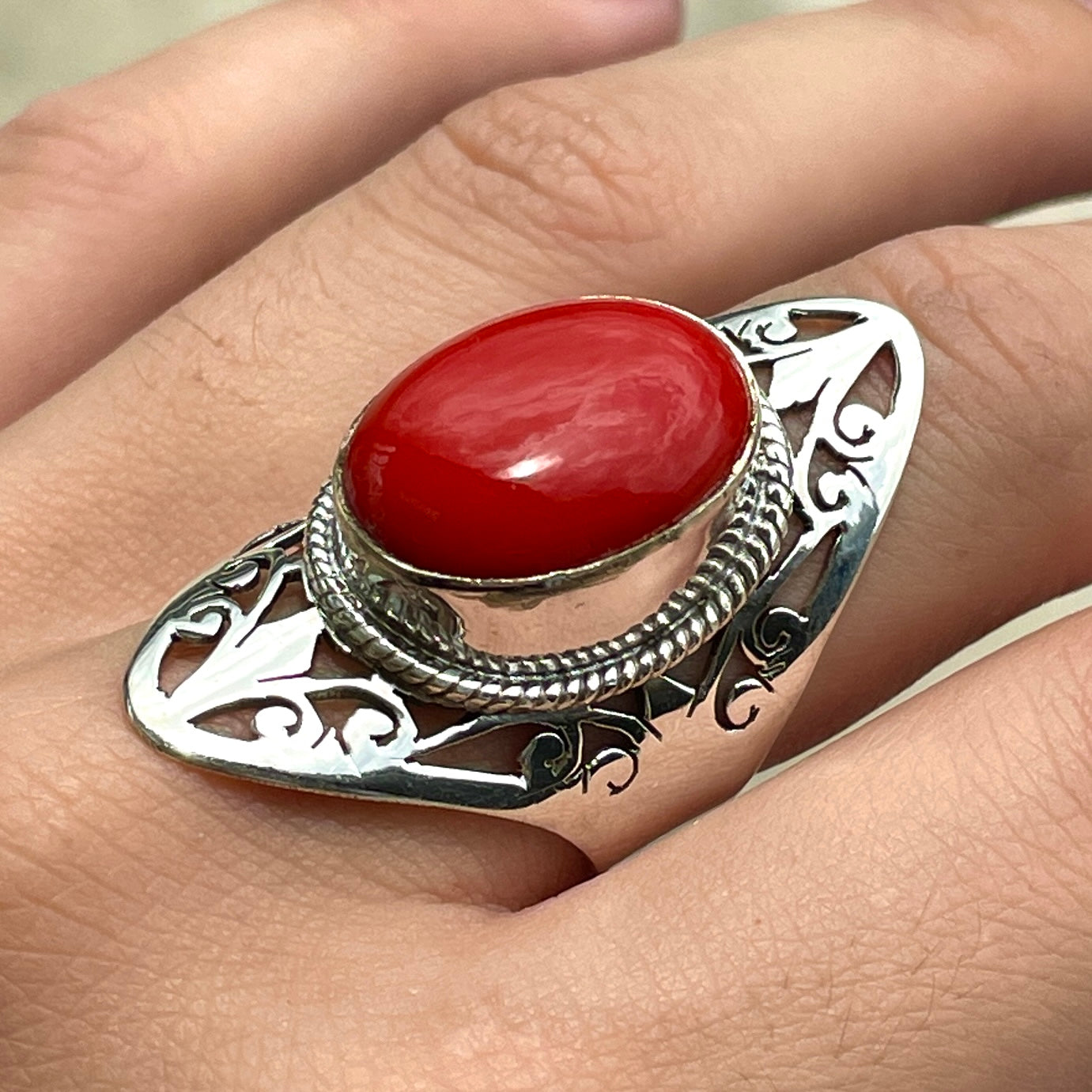 Red Coral Sterling Silver Ring - Sz8 RC3