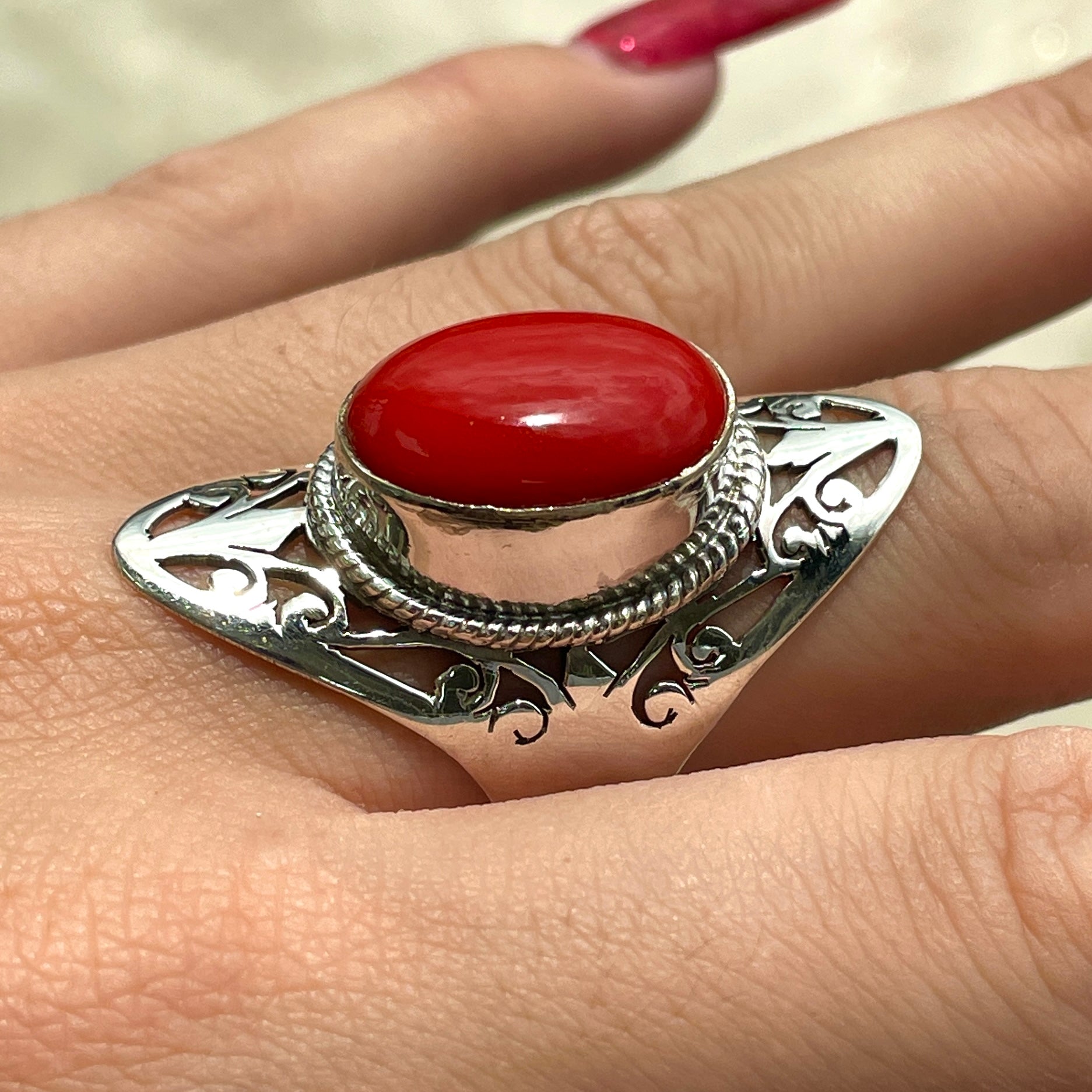 Red Coral Sterling Silver Ring - Sz8 RC3