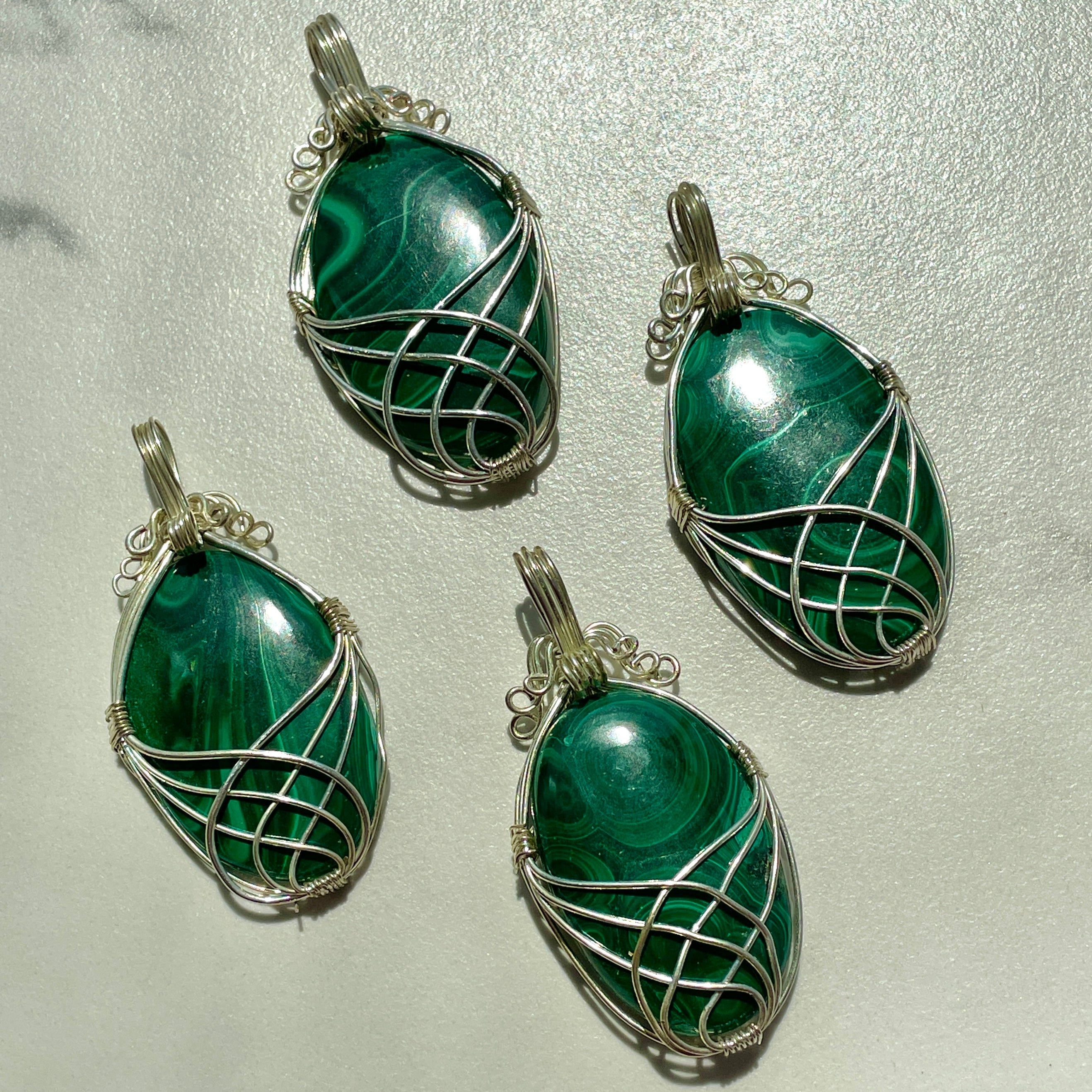 Malachite Wire Wrapped Cabochon Pendant Oval