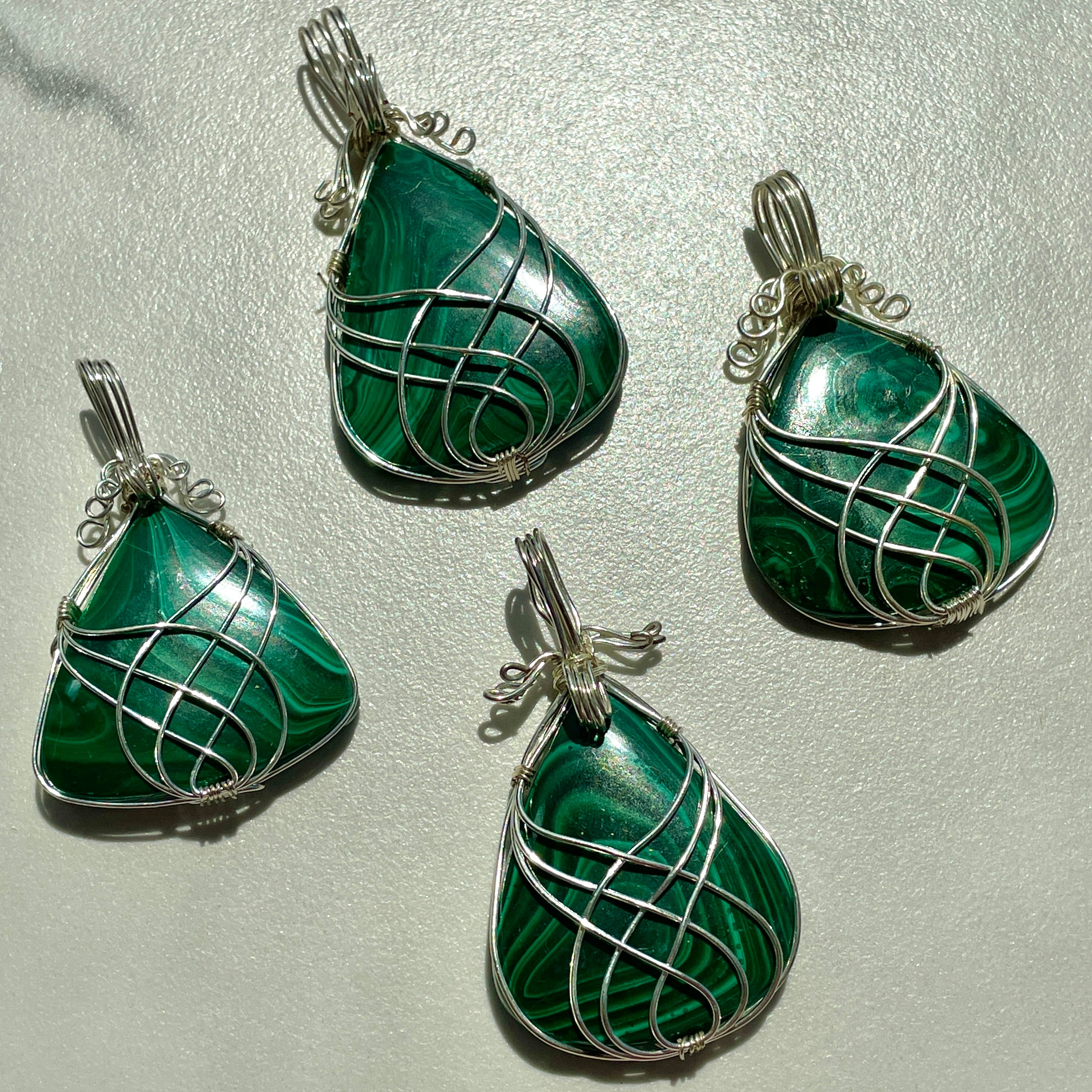 Malachite Wire Wrapped Cabochon Pendant Teardrop