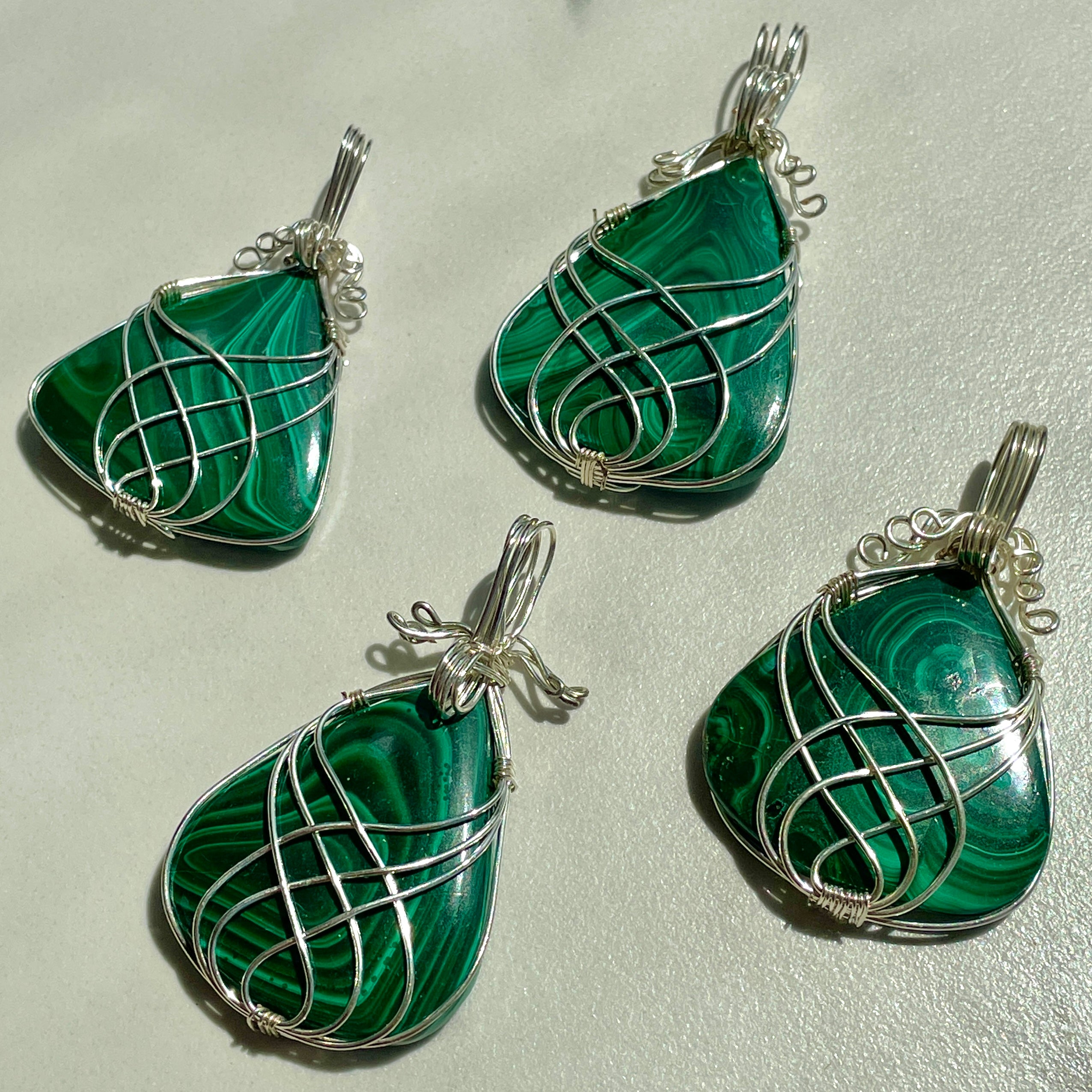 Malachite Wire Wrapped Cabochon Pendant Teardrop