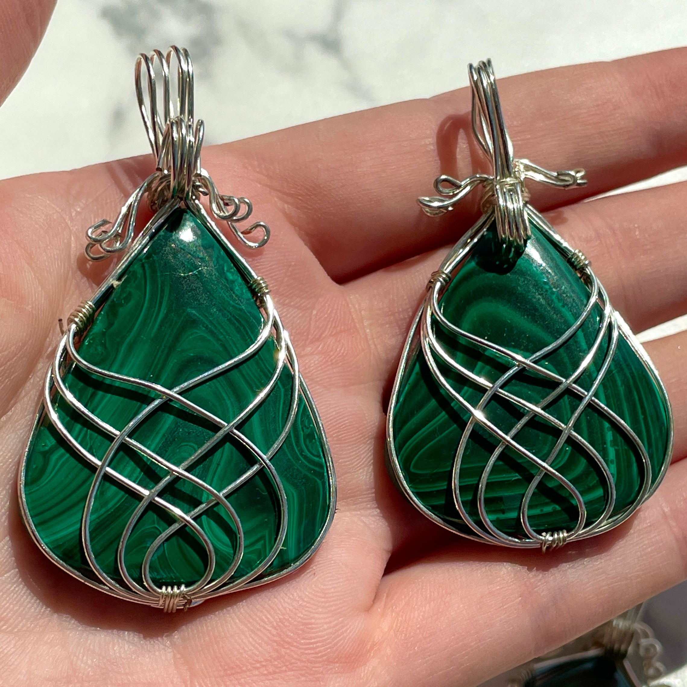 Malachite Wire Wrapped Cabochon Pendant Teardrop