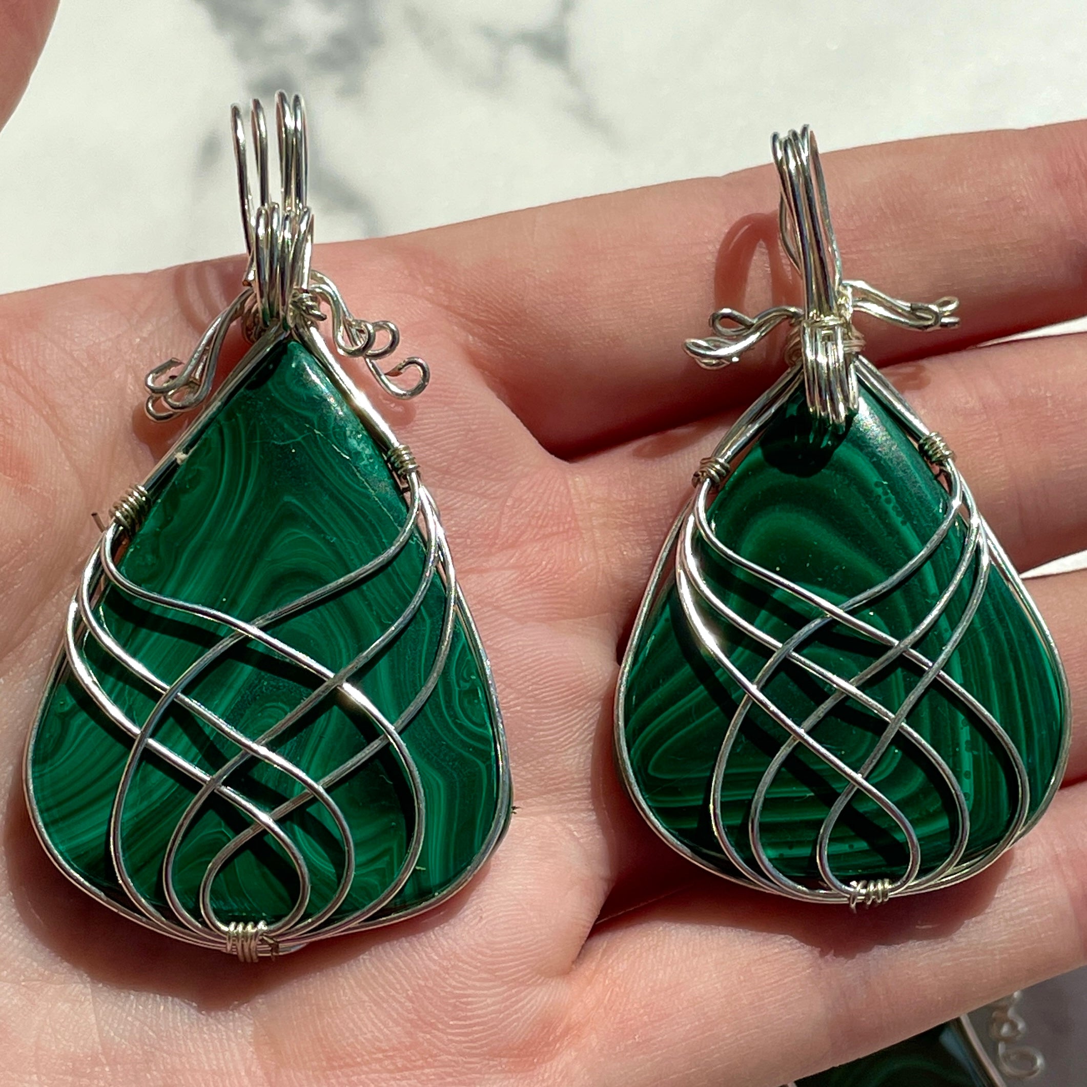 Malachite Wire Wrapped Cabochon Pendant Teardrop