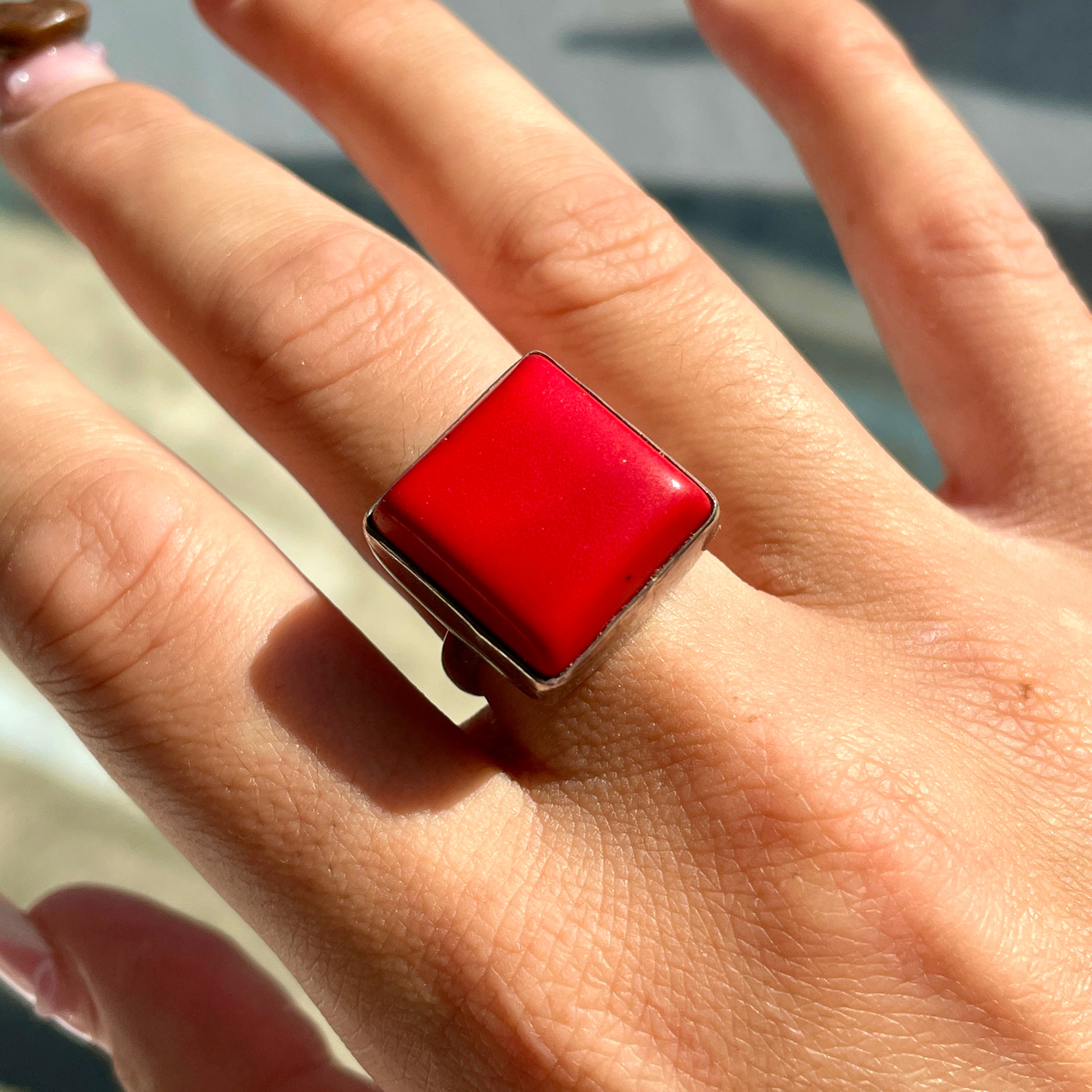 Red Coral Sterling Silver Ring - Sz7 RC5