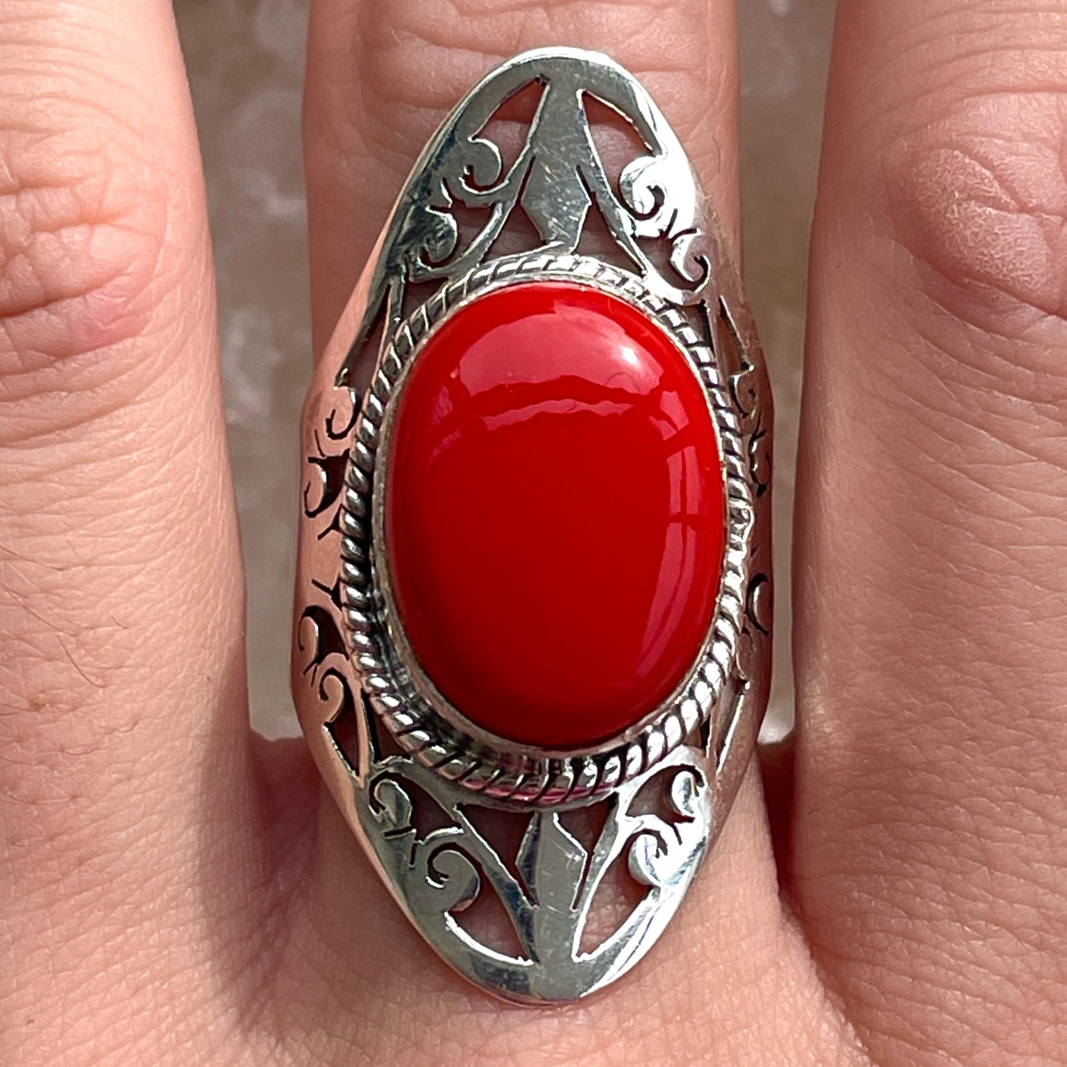 Red Coral Sterling Silver Ring - Sz9 RC3