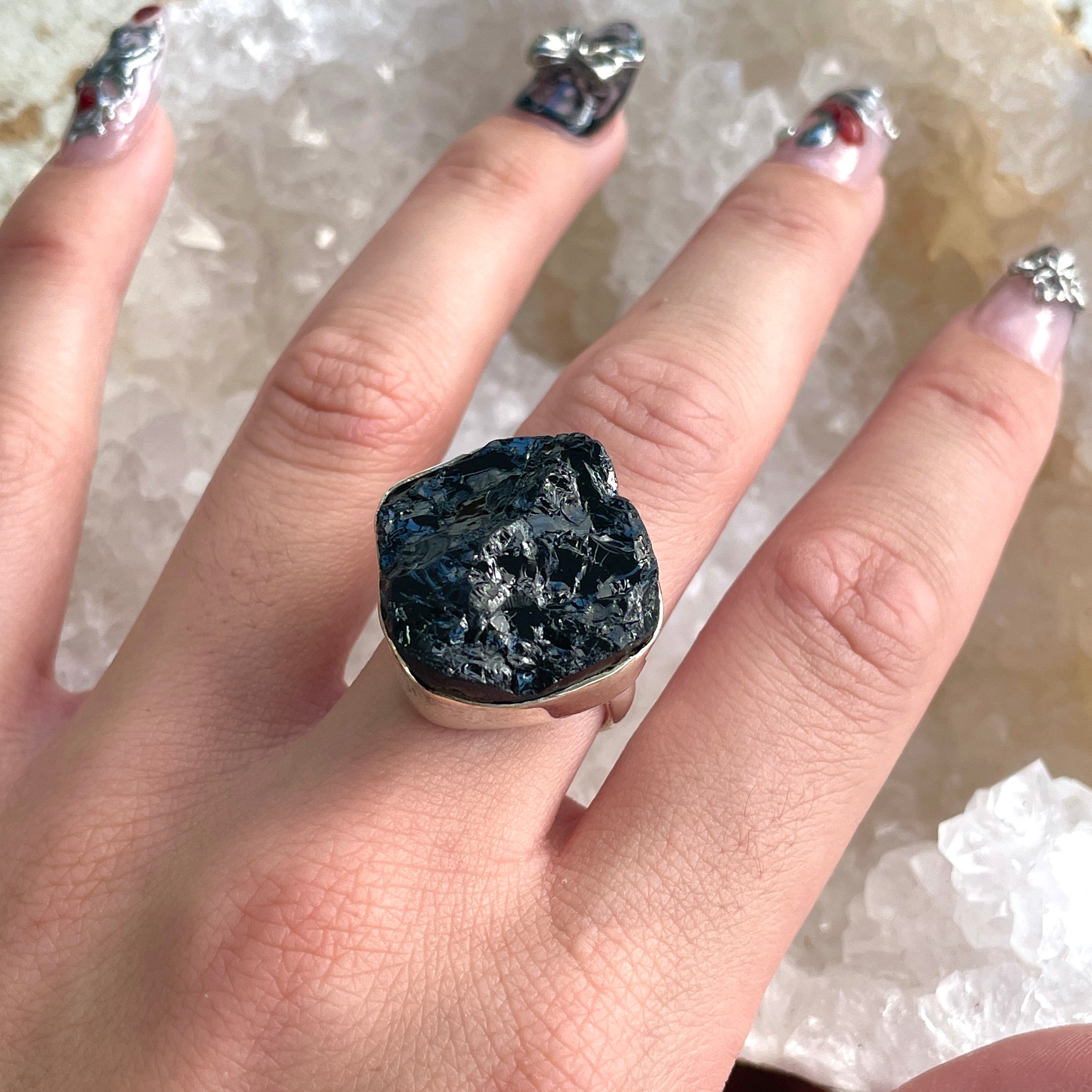 Black Tourmaline Sterling Silver Ring - Sz7 BT1