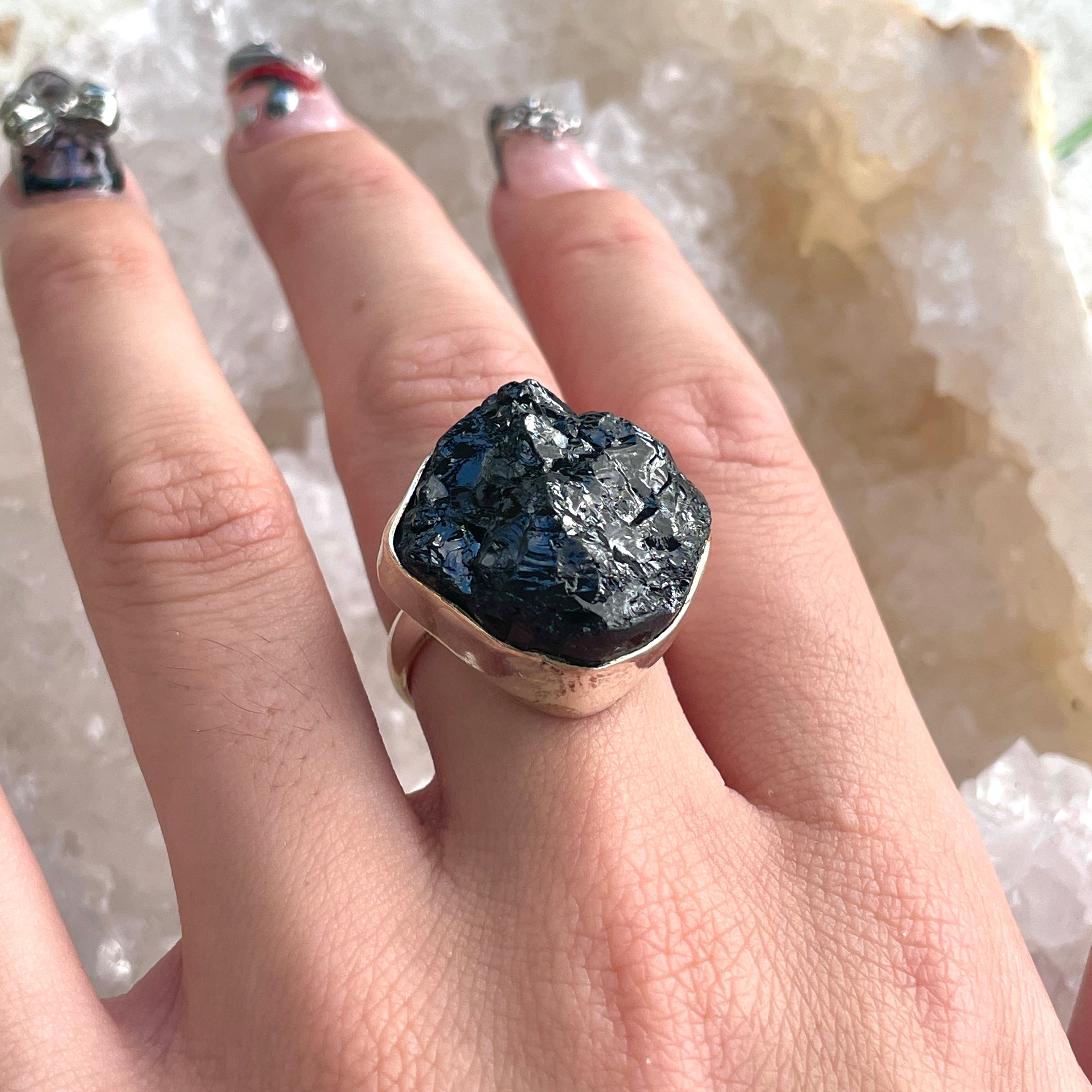 Black Tourmaline Sterling Silver Ring - Sz7 BT1