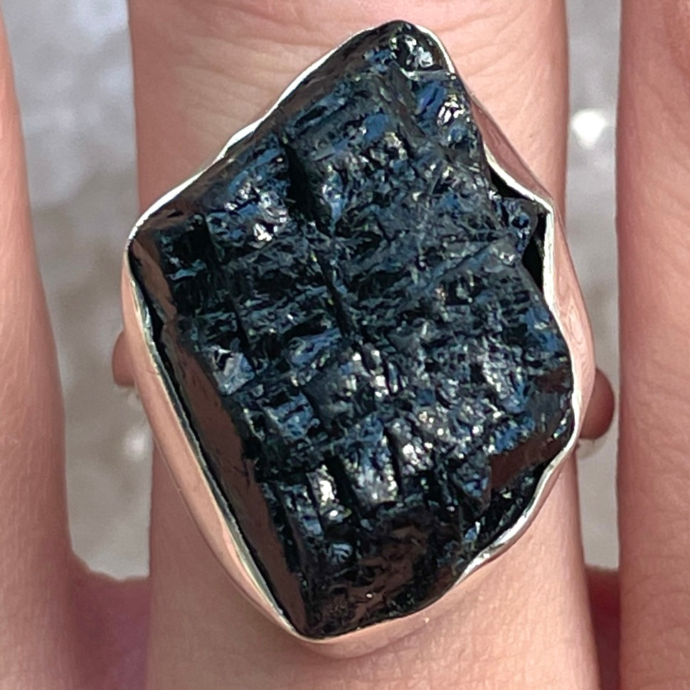 Black Tourmaline Sterling Silver Ring - Sz8 BT2