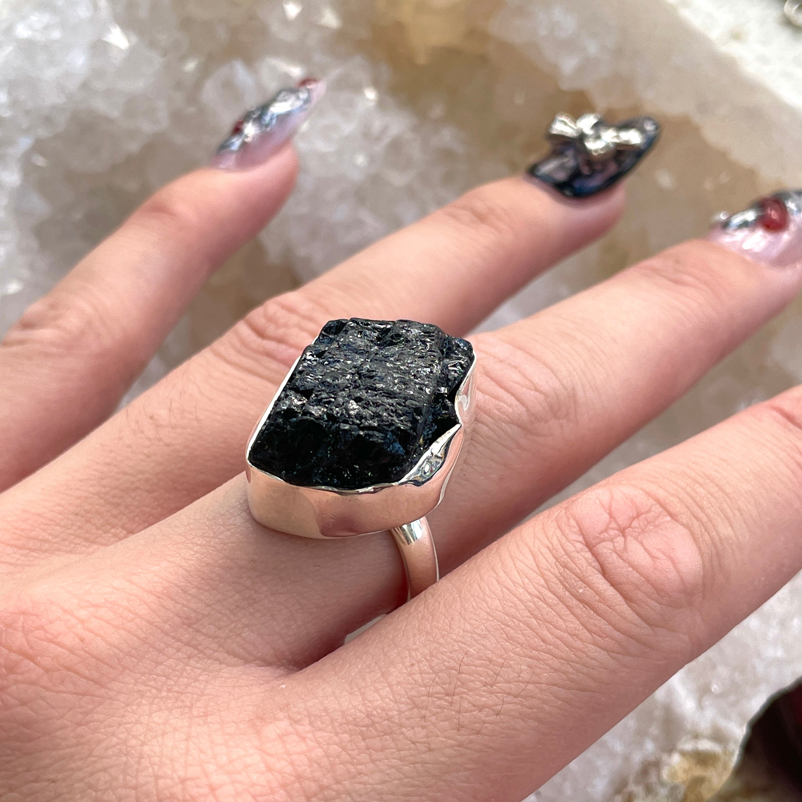Black Tourmaline Sterling Silver Ring - Sz8 BT2