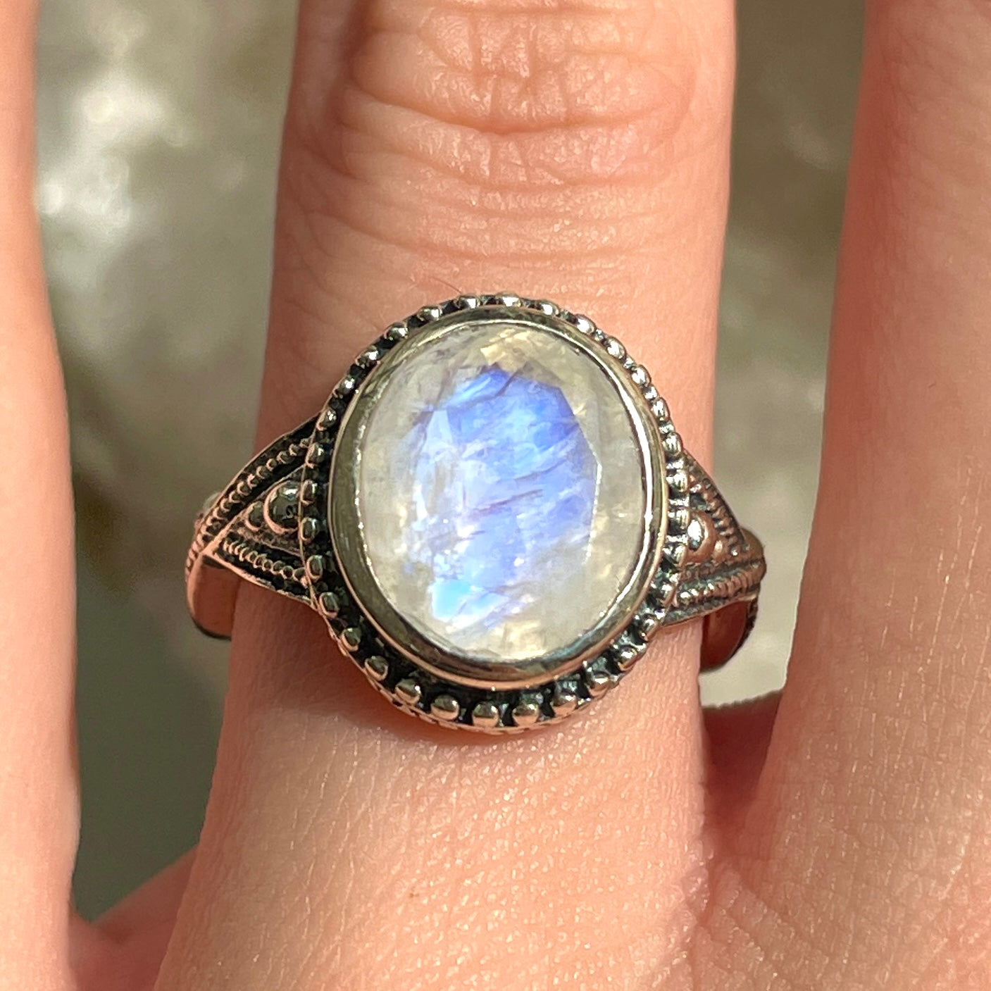 Rainbow Moonstone Sterling Silver Ring - Sz6 RM19