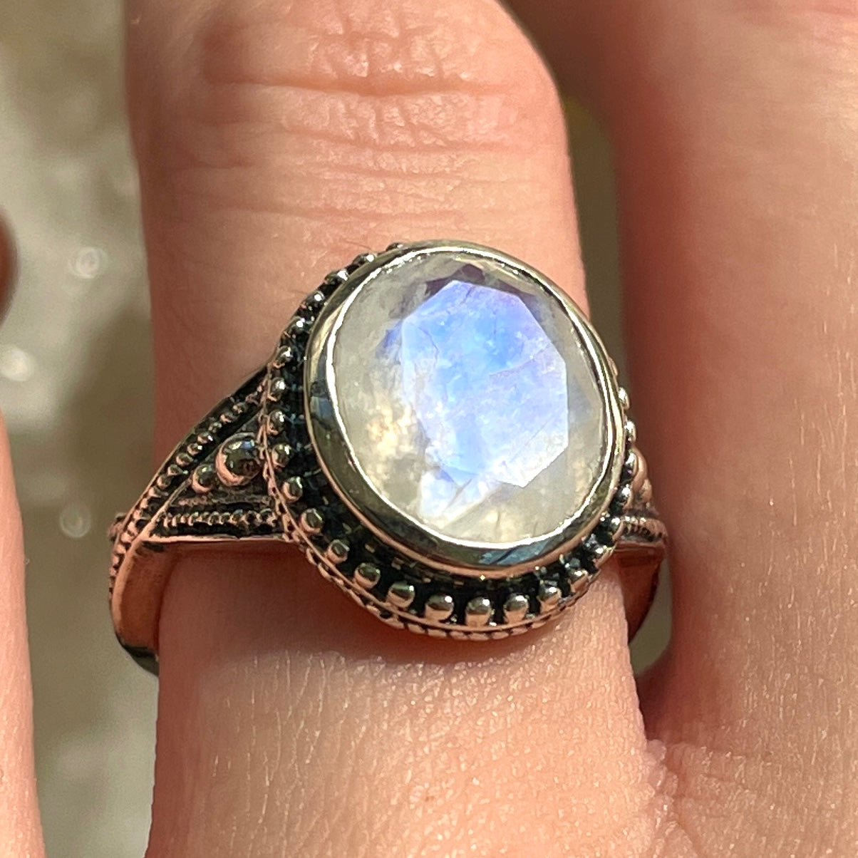 Rainbow Moonstone Sterling Silver Ring - Sz6 RM19