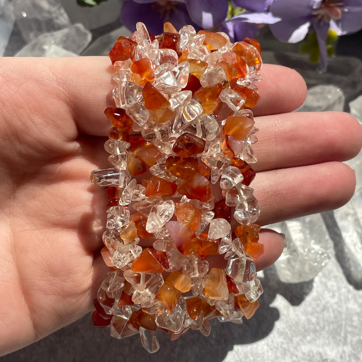 Carnelian and Clear Quartz Chip Bracelet
