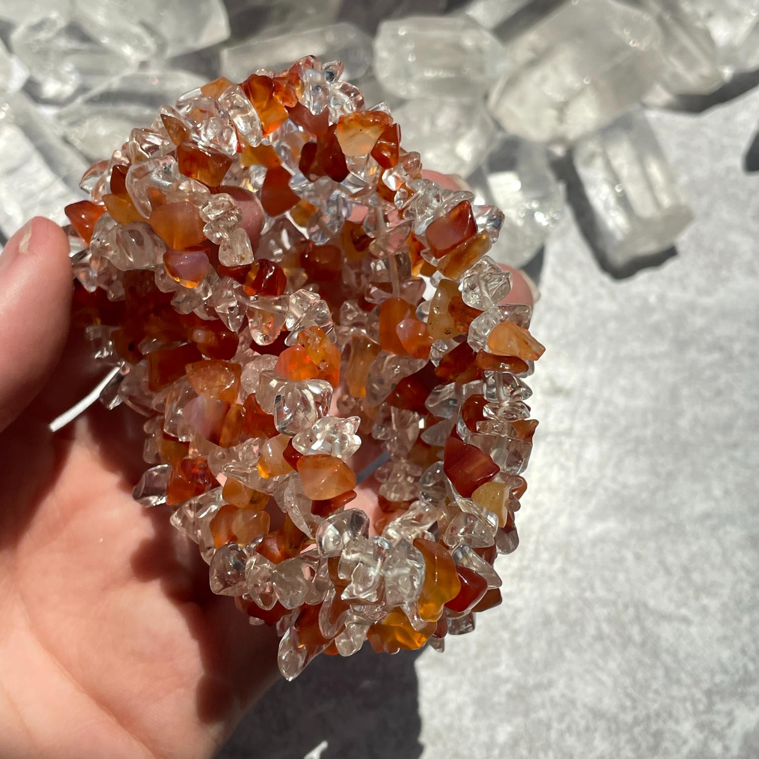 Carnelian and Clear Quartz Chip Bracelet