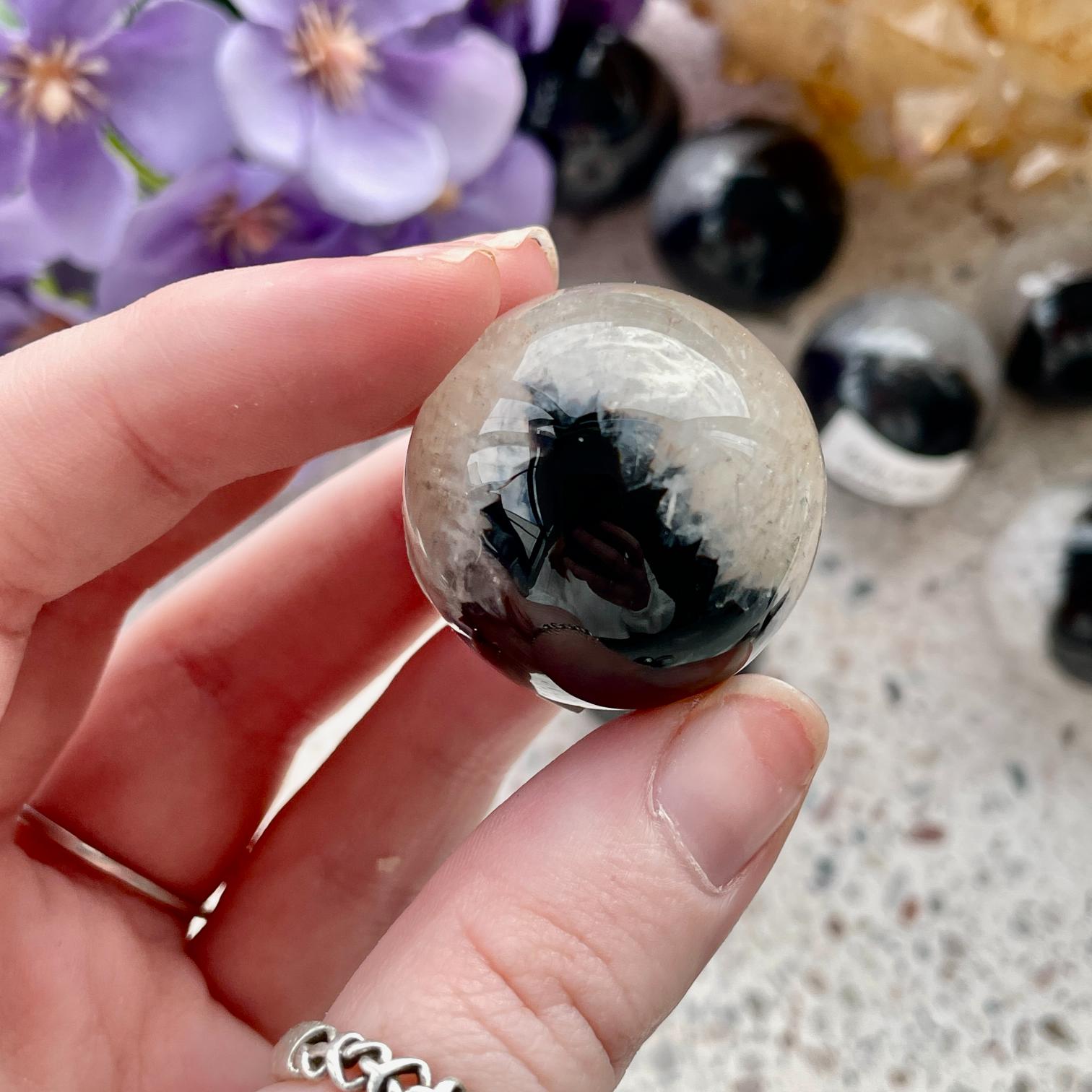 Black Agate & Quartz Sphere - 3cm